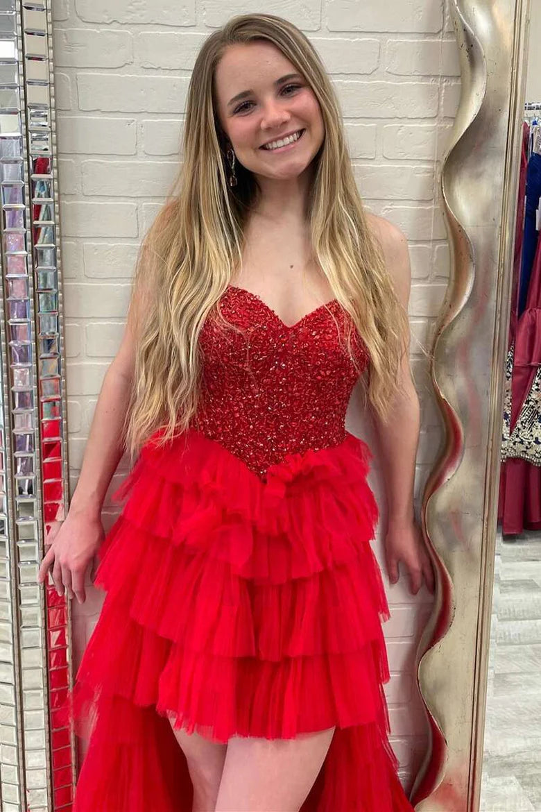 Vestido de fiesta alto-bajo con hombros descubiertos, dulce, de varios niveles